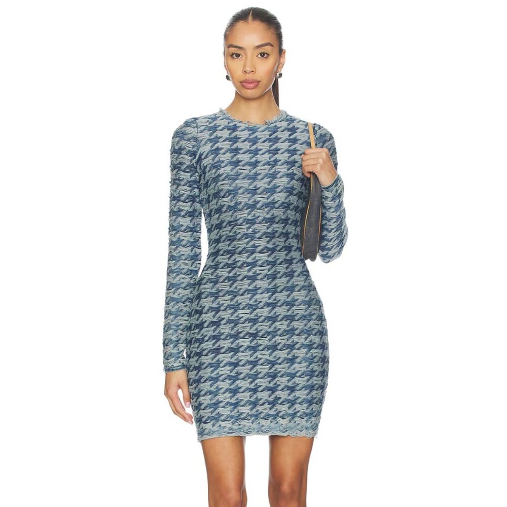 NEW Diesel Halma Mini Dress in Blue Houndstooth Knit Long Sleeve Sweater Dress